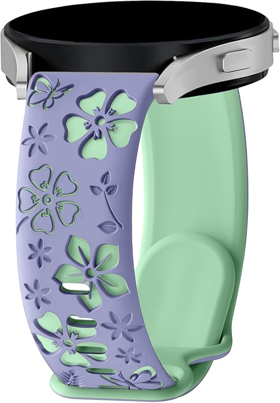 Correa con grabado floral de 20 mm para Garmin Vivoactive 5/6/Samsung Galaxy Watch 7 | Correa deportiva de silicona suave de dos tonos con flores para Galaxy Watch 6/5/4 40mm 44mm/Garmin Forerunner 165/570 42mm/Amazfit Active 2