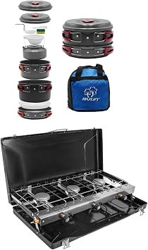 FineFlame 3-Burner Propane Camping Stove 19800 BTUs With Bulin Camping Cookware Mess Kit