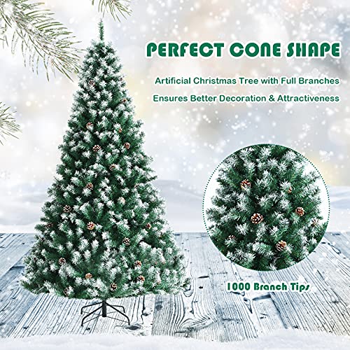 Goplus 6Ft Pre-Decorated Christmas Tree, Artificial Hinged Unlit Xmas Pine Tree With 1000 Branch Tips, Partially Flocked Design, Pine Cones, Metal Stand, Fake Snowy Tree For Indoor Decoration #TOP5