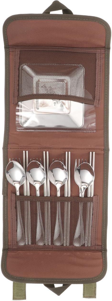 Homoyoyo Outdoor Cutlery Set Stainless Steel Spoon Fork Chopsticks Portable 4-person Picnic Tableware with Carry Bag for Camping Barbecue and Travel Random Color