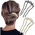 U Shaped Pearl French Hair Pin Gold Silver Metal Hair Clips French Hair Pins for Women Updo Hair Accessories Elegant French Pin Hair Clip U-Shape Hair Fork Hairpin Hair Sticks for Buns Hairclips, 2pcs