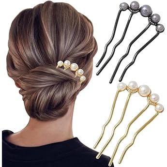 U Shaped Pearl French Hair Pin Gold Silver Metal Hair Clips French Hair Pins for Women Updo Hair Accessories Elegant French Pin Hair Clip U-Shape Hair Fork Hairpin Hair Sticks for Buns Hairclips, 2pcs