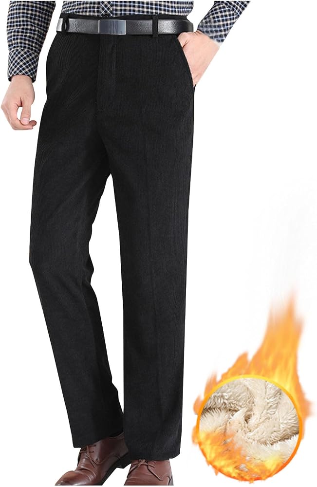 Amazon.com: Men's Pleated Corduroy Dress Pants Business Casual Flat Front  Straight Leg Pant Classic Fleece Lined Warm Trousers Black : Clothing,  Shoes & Jewelry
