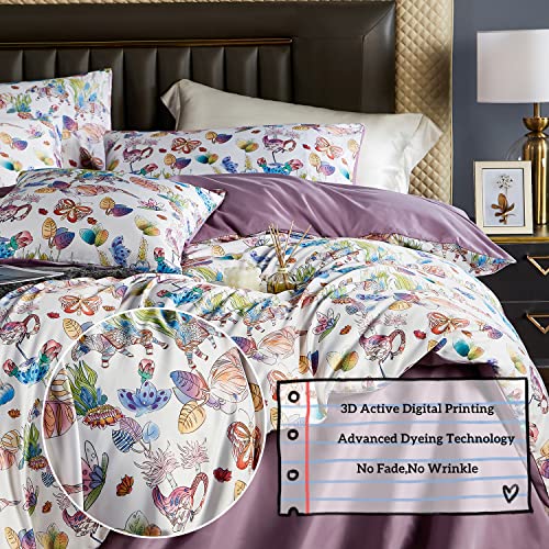 Oranfran Floral Duvet Cover Set,5 Pcs Garden Style Comforter Cover Set,Botanical Flower Butterfly Flamingo Pattern Bedding Set,Duvet Cover Queen,Reversible Design(Spring,Queen) #TOP2