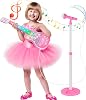 Guitar and Microphone Set for Kids,Guitar Toys with Music&Colorful Light,Beginner Musical Toys with 4 Strings,Adjustable Height Microphone with Stand for Boys and Girls (Pink B)