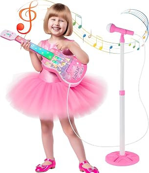 Guitar and Microphone Set for Kids,Guitar Toys with Music&Colorful Light,Beginner Musical Toys with 4 Strings,Adjustable Height Microphone with Stand for Boys and Girls Pink B
