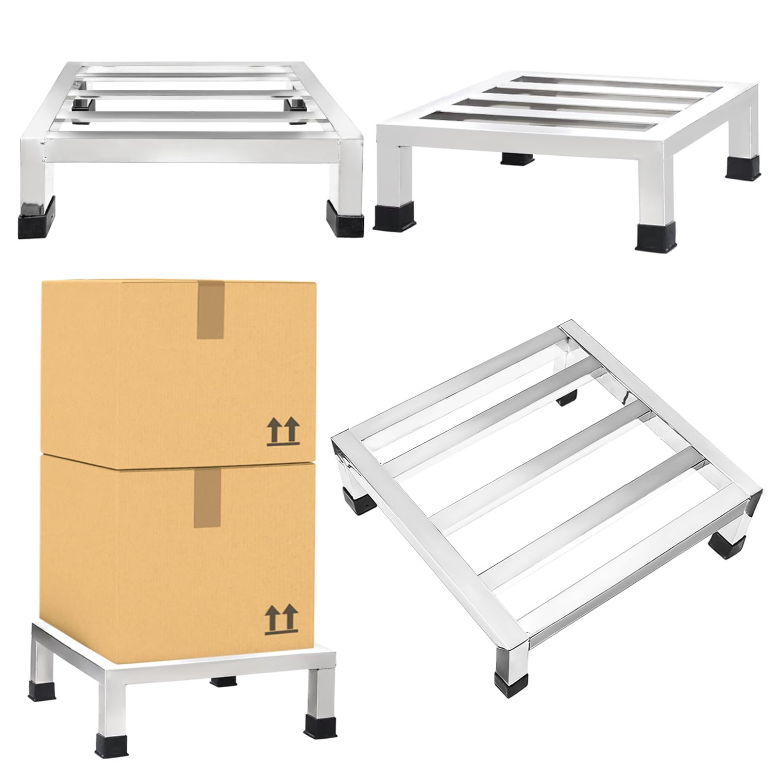 3 pack dunnage rack 13.8" x 13.8" stainless steel dunnage rack 2000+ pound capacity 3.9" off the floor commercial food service storage rack in restaurants kitchens garages vehicles