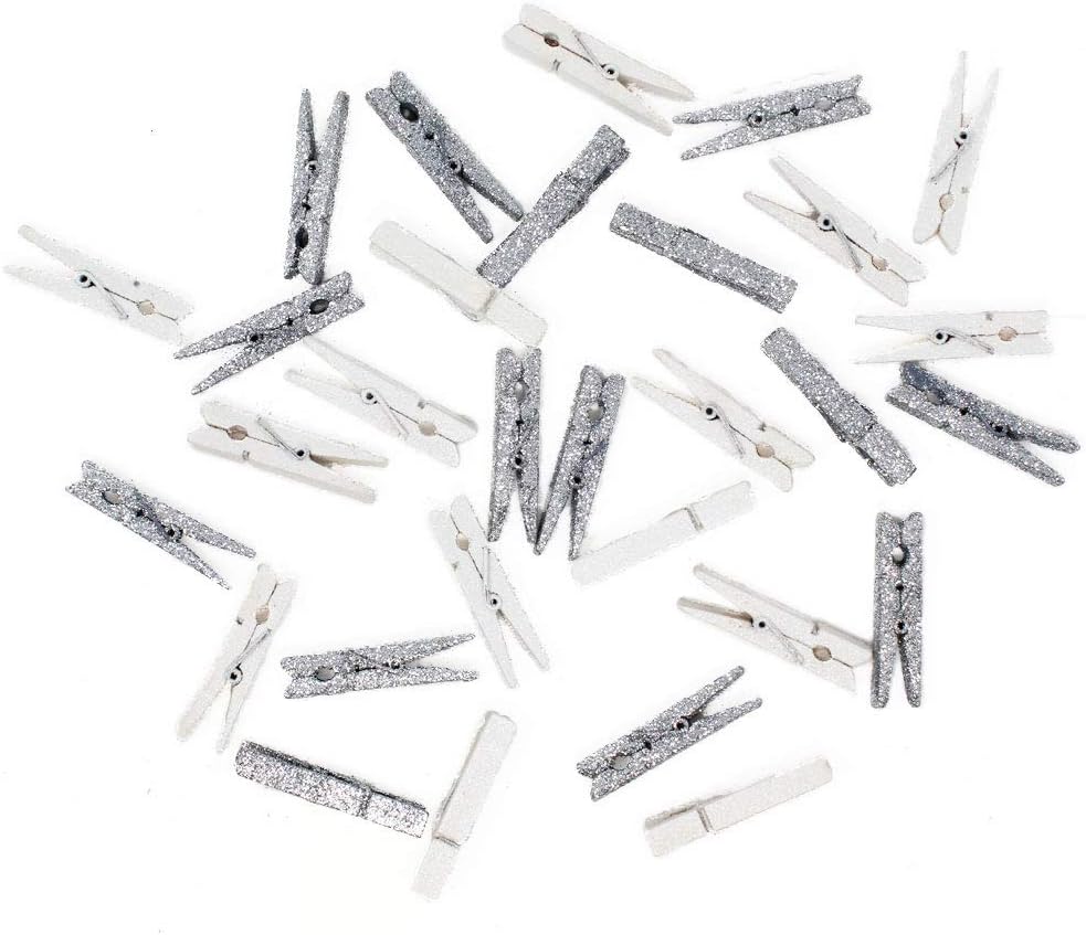 Just Artifacts 2-inch Glitter Craft Wood Clothespins/Peg Pins (96pcs, Silver & White)