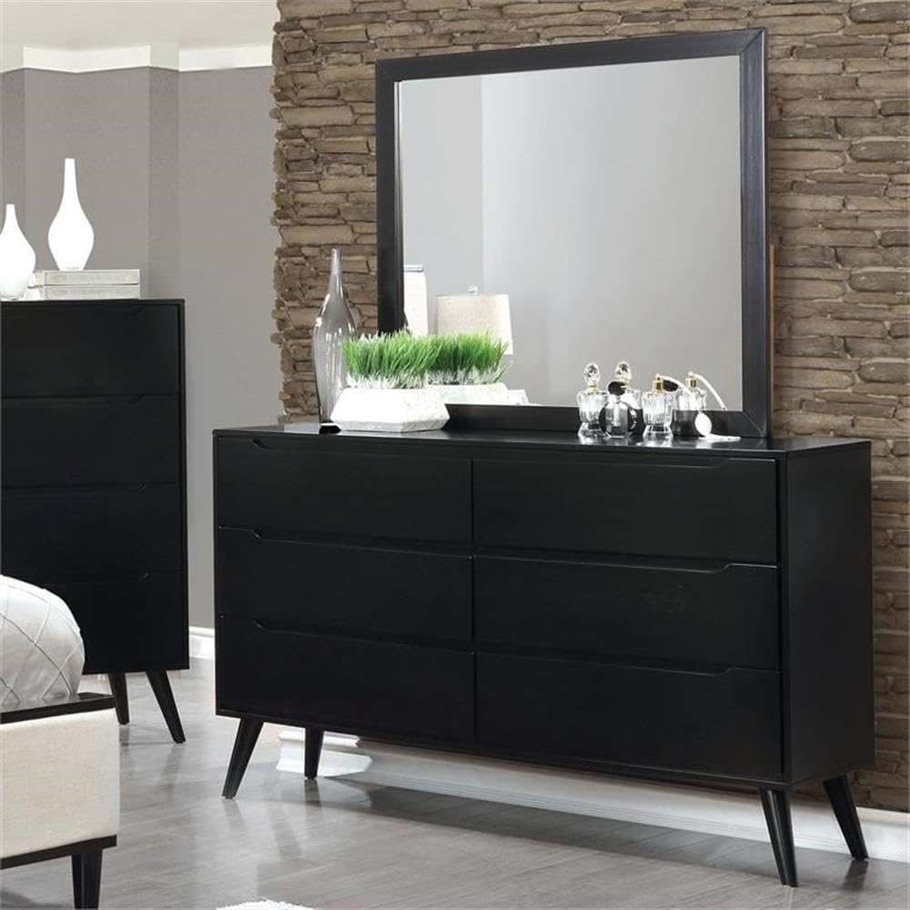 BOWERY HILL Mid-Century Solid Wood Dresser with Rectangular Mirror, Black Finish, 58" W x 17" D x 35.88" H, 6-Drawer Design, Slim Flared Legs, Full Extension Metal Glides for Bedroom Storage and