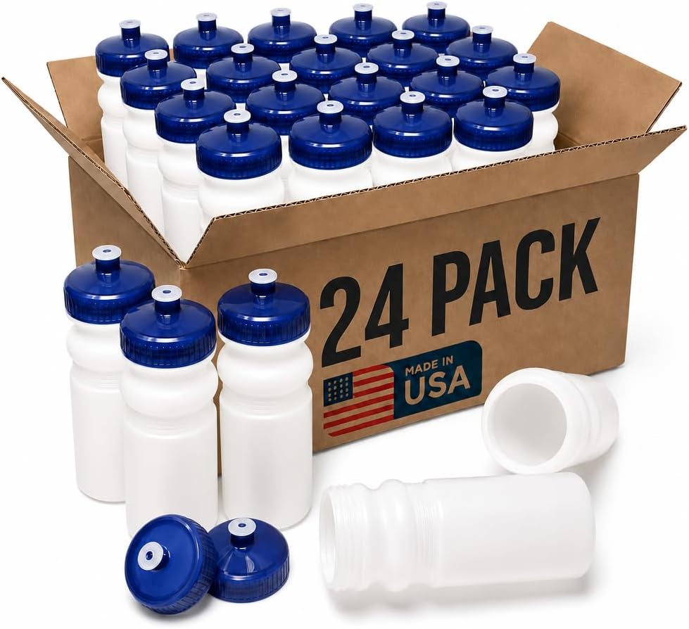 Rolling Sands Reusable Bulk Water Bottles 24 Pack - 20 Oz Sports Water Bottles, USA Made, BPA-Free, Wide Mouth for Easy Cleaning, Dishwasher Safe, Break Resistant - White Bottle/Navy Lid