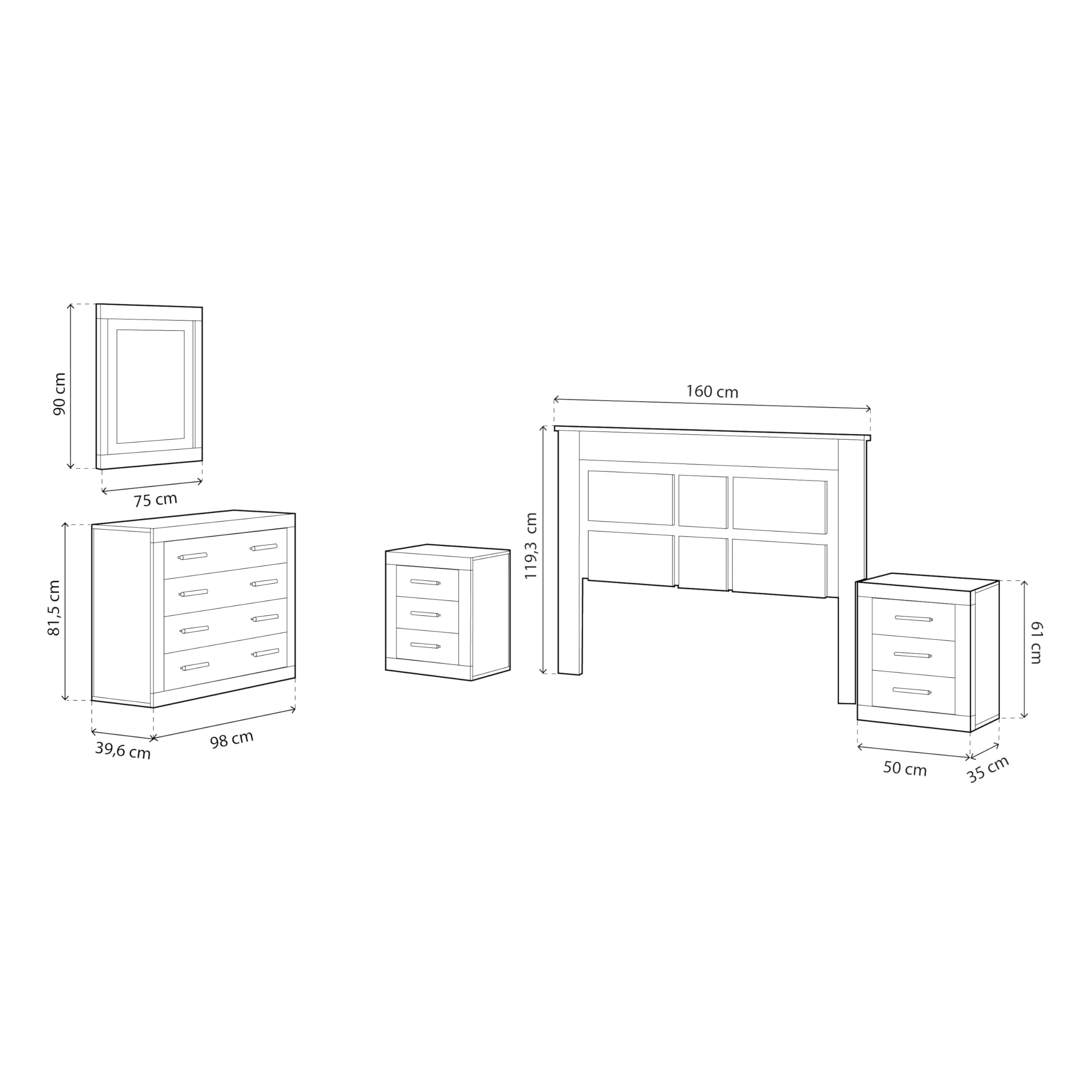 duehome | Conjunto de Dormitorio Kira 4c - Cabecero + 2 Mesitas de Noche + Comoda y Espejo, Acabado en Cambria y Grafito