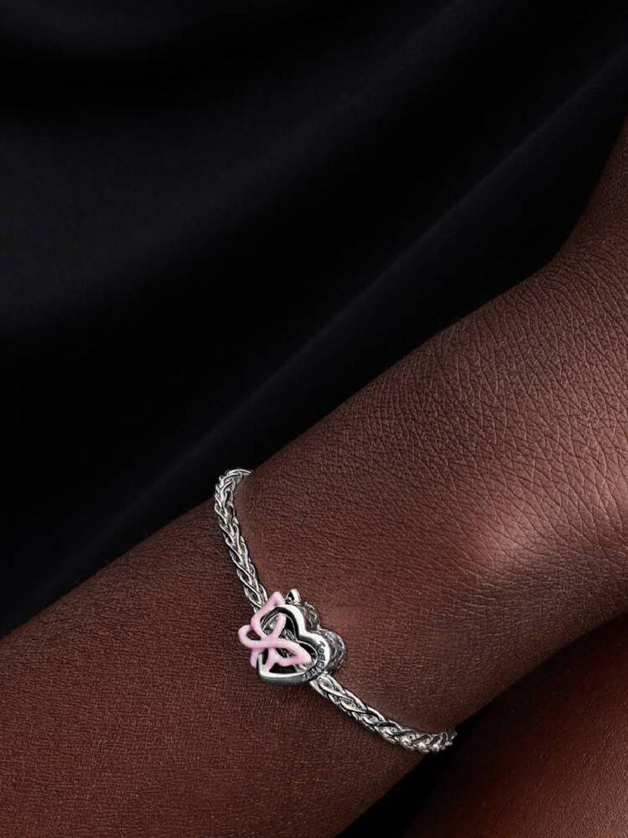 PANDORA Ciondolo a forma di cuore intrecciato e farfalla, in argento sterling 925, con smalto rosa, incisione Insieme abbiamo tutto, compatibile Moments, 794475C01