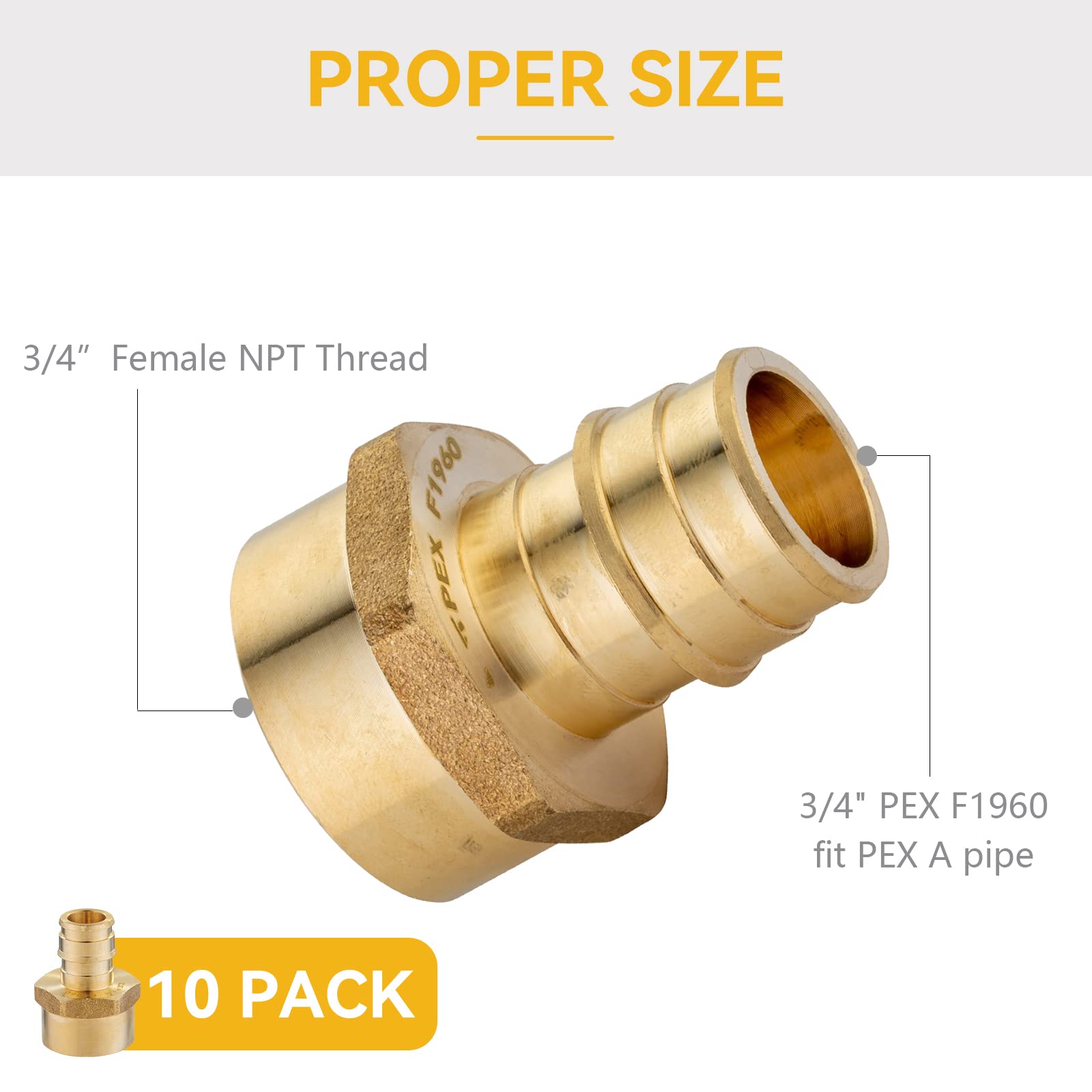 Paquete de 10 accesorios PEX-A, adaptador NPT hembra de expansión Pex-a de 3/4 pulgadas x 3/4 pulgadas, adaptador roscado hembra PEX ASTM F1960 para tubos Pex A