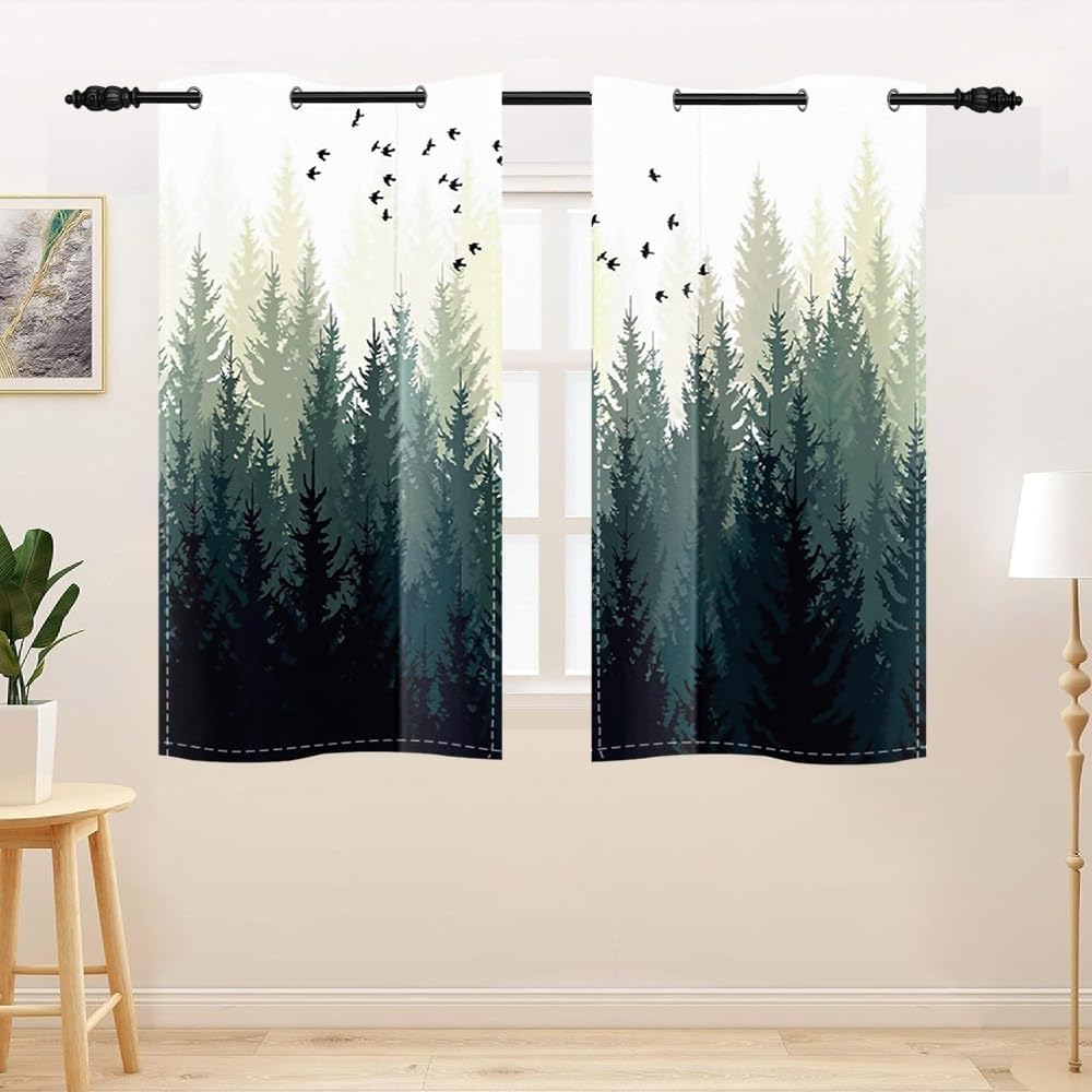 Green Misty Forest Blackout Curtains Ombre Sage Green White Window Drapes for Bedroom Living Room Nature Pine Trees Greenery Foggy Landscape Woodland Window Treatments 2 Panel Set,21x54inch