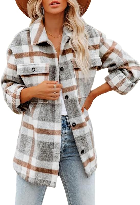Beaully campera estilo camisa con botones de otoño 2026 de franela a cuadros para mujer | campera de mujer con bolsillos, sensación cálida, cepillada, campera informal para uso diario, ropa de Otoño Invierno, abrigos de moda