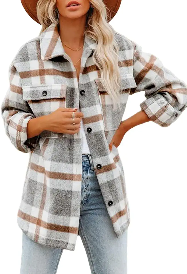 Beaully Women's Flannel Plaid Shacket 2025 Fall Outfits Long Sleeve Button Down Shirts Jacket Coats with Side Pockets