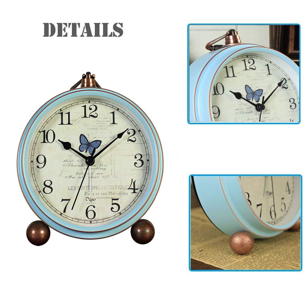 Reloj despertador de mesa, estilo vintage, sin tictac, funciona con pilas, con movimiento de cuarzo, cristal HD para dormitorio, sala de estar, escritorio de oficina (mariposa) 4