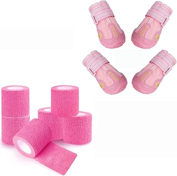 QUMY Pink Dog Shoes in Size 7 and Pink Vet wrap self Adhesive Bandage