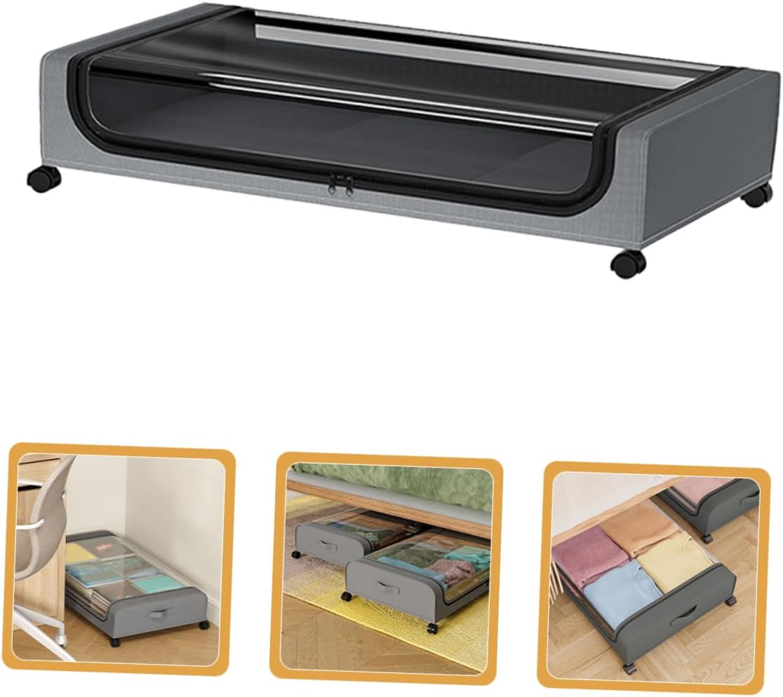 Bed Storage Bin Wheels Multi-functional Organizer for Clothes Toys and Sundries Portable Storage Box Grey Lid for Easy Access and Space-saving