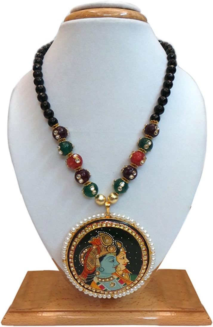 Charvee Multicolour Radha Krishna Hand Painted Pearl Pendant for Women (Multicolour 1)