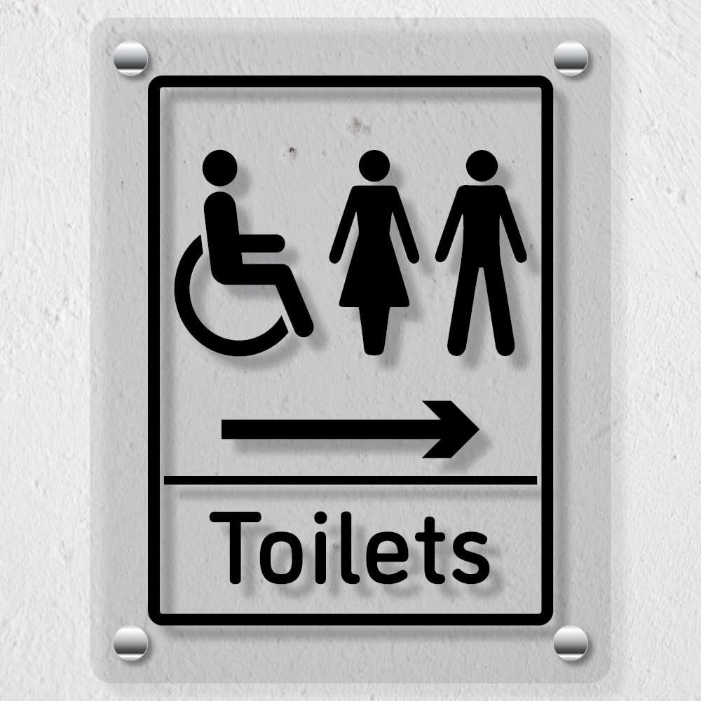 V Safety Mixed Toilets Arrow Right - 150 x 200 mm - Acrylic Perspex Cast Clear Safety Sign