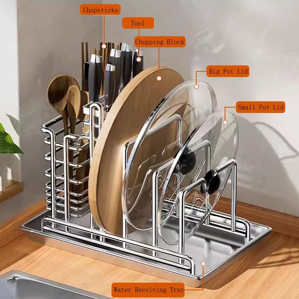 Support multifonctionnel pour ustensiles de cuisine avec égouttoir pour casseroles, couvercles, planches à découper, couteaux, baguettes, cuillères, fourchettes, couverts sur le plan de travail de