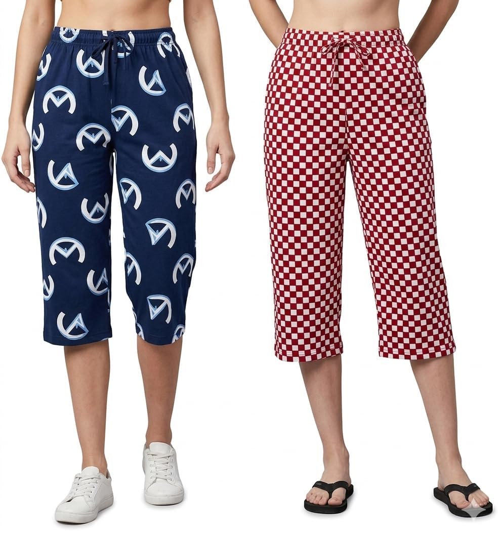 Women's Cotton Capri Night Pants, Drawstring Waist, Pack of 2 (Prints and Colors may Vary)-image-27