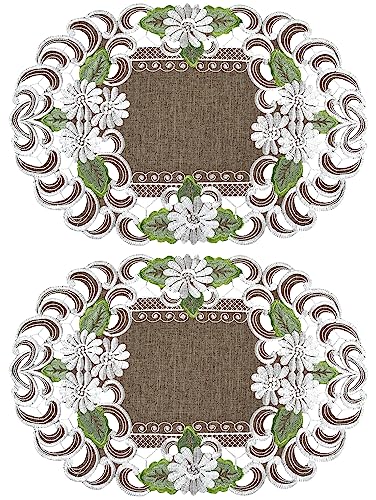 LINENS ART AND THINGS Placemats Embroidered Embroidered Pearlescent with Green Leaves on Brown Linen Doily Dresser Scarf Set of 2 (10.5Wx16.5L)