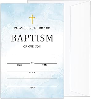 Blue Watercolor Baptism Invitations With Envelopes, Baptism Baptismal Invitation Cards For Son Boy, 25 Invites With 25 Envelopes Religious Supplies Decorations -001