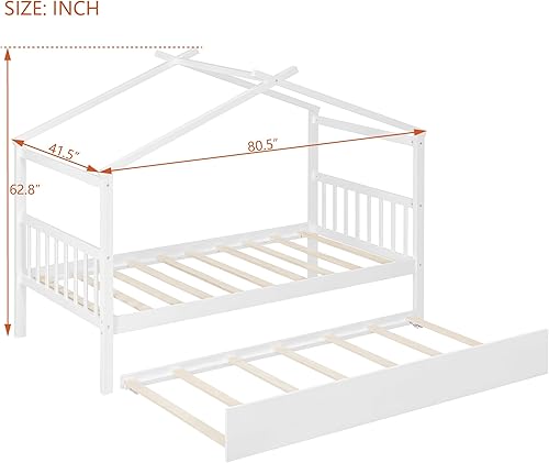 Miniatura 70 de Cama individual de casa con nido para niños, cama individual de madera con techo, marco de cama de plataforma de tamaño individual, cama con dosel