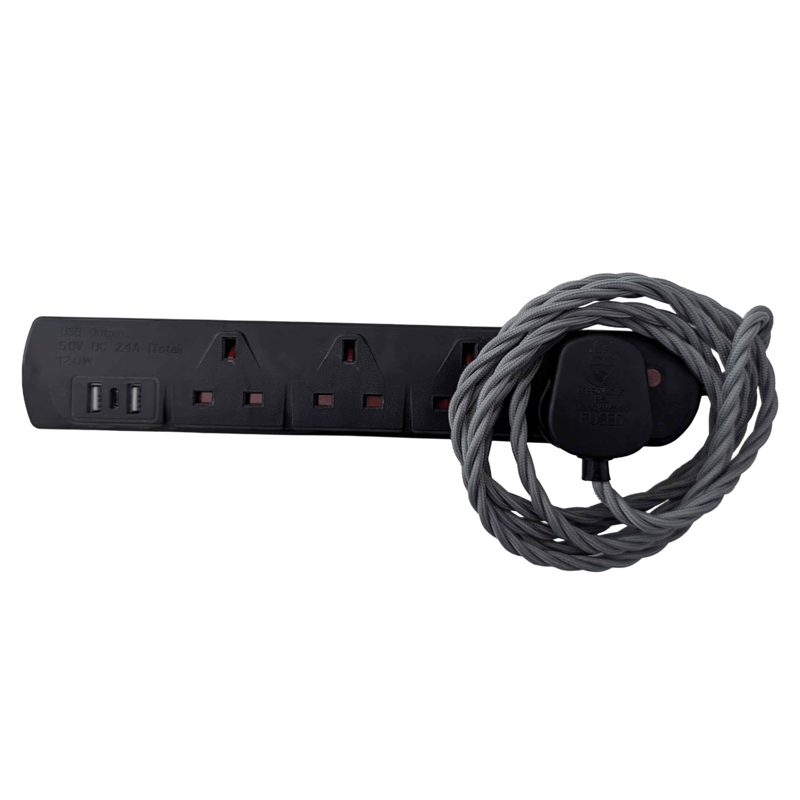 Vintage Electric Extension Leads, 13 amp rated Power Strips with 4 Way Outlets, 4 Socket Extension Cable with 2M Braided Fabric Twisted Cord for Home Office (Dawn Mist (Black Plug))