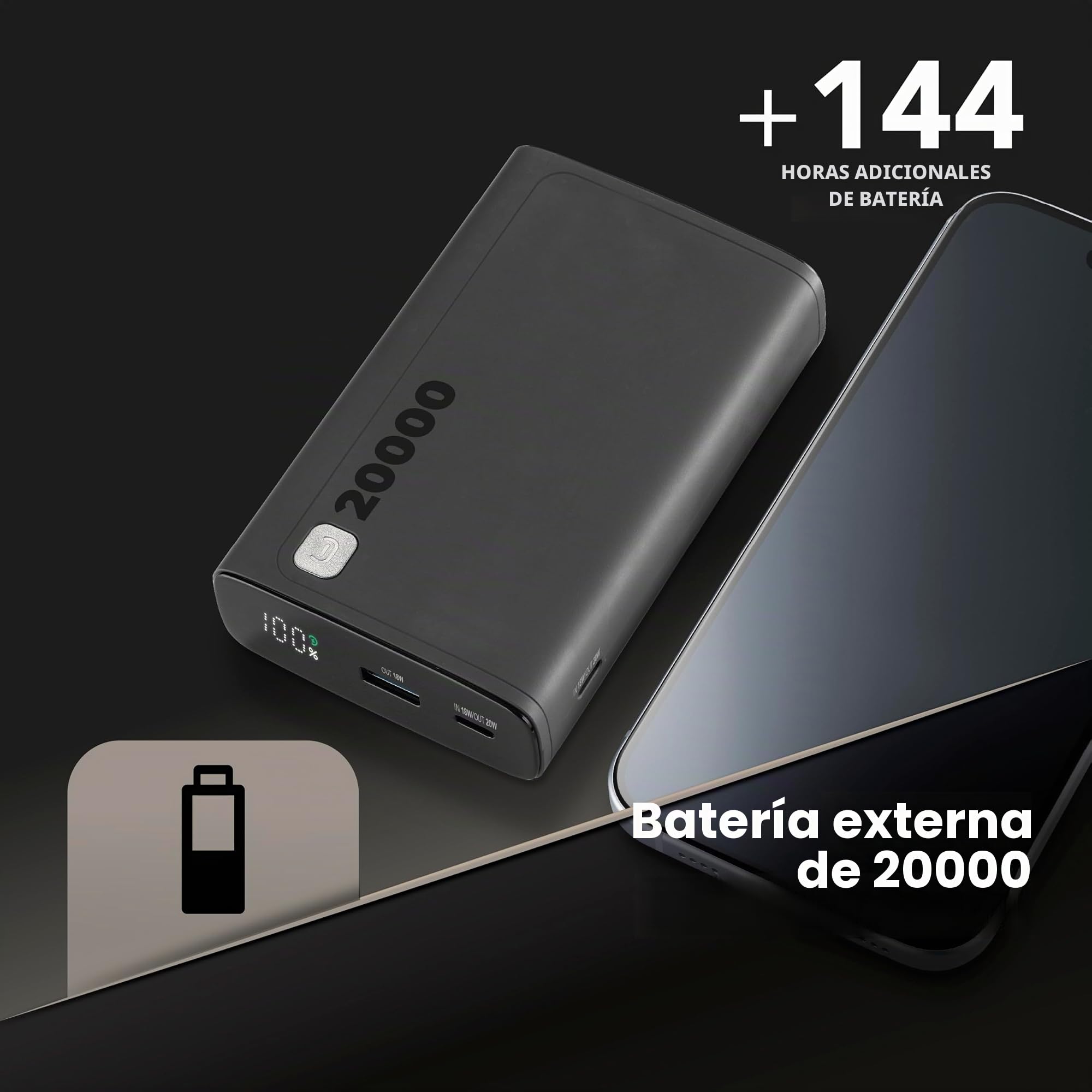 Cellularline - Elite 20000 - Cargador portátil - Capacidad de 20.000 mAh - +144 Horas de Carga Extra - 1 x USB Output: 18W Adaptive Technology - 2xUSB-C Input: 18W/ Output: 20W PD - Negro