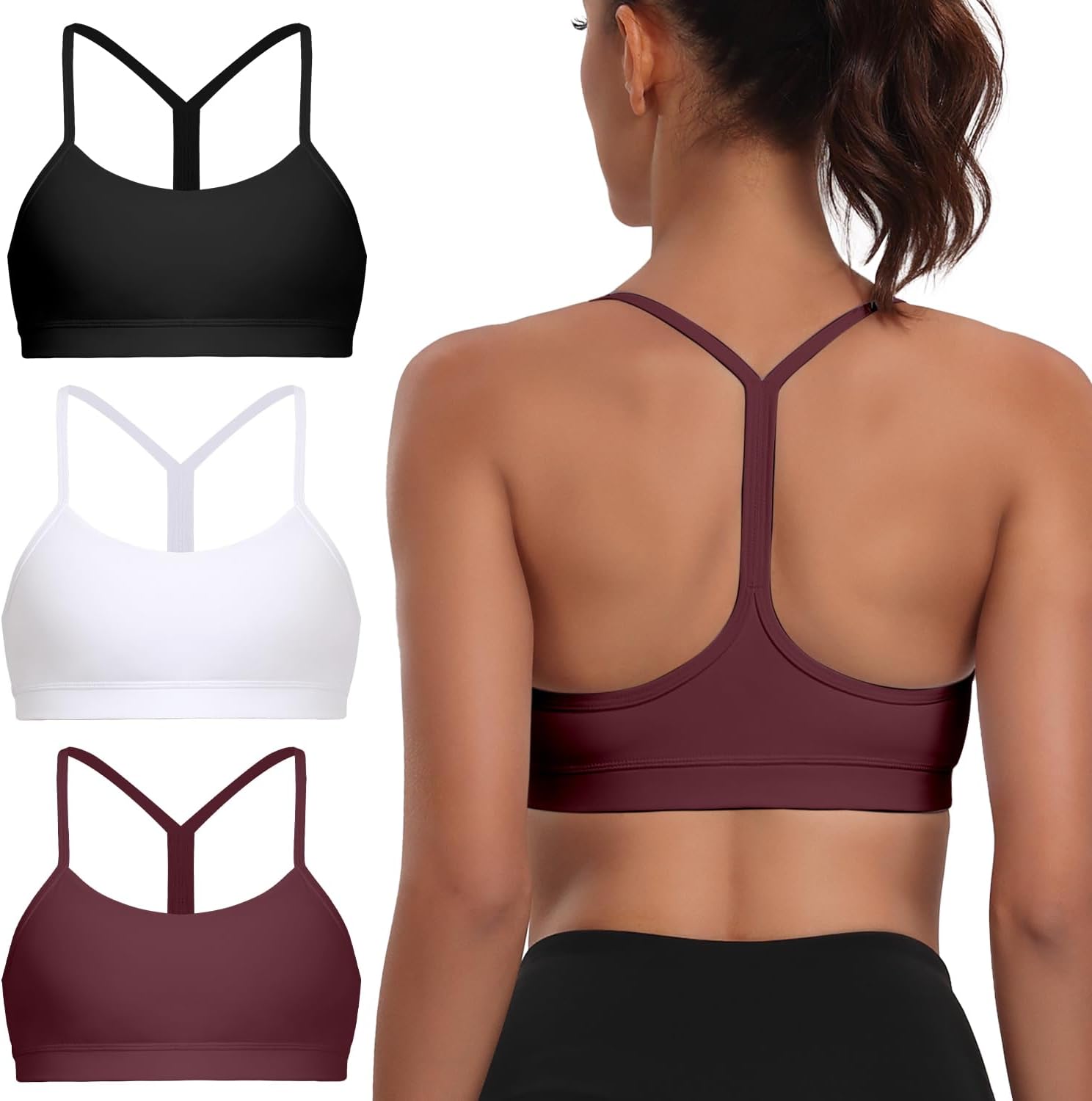 Raxnode Women's 3-Pack Y-Back Sports Bra, Thin Spaghetti Strap Nylon Yoga Bra with Removable Cups, Light Support Bralettes