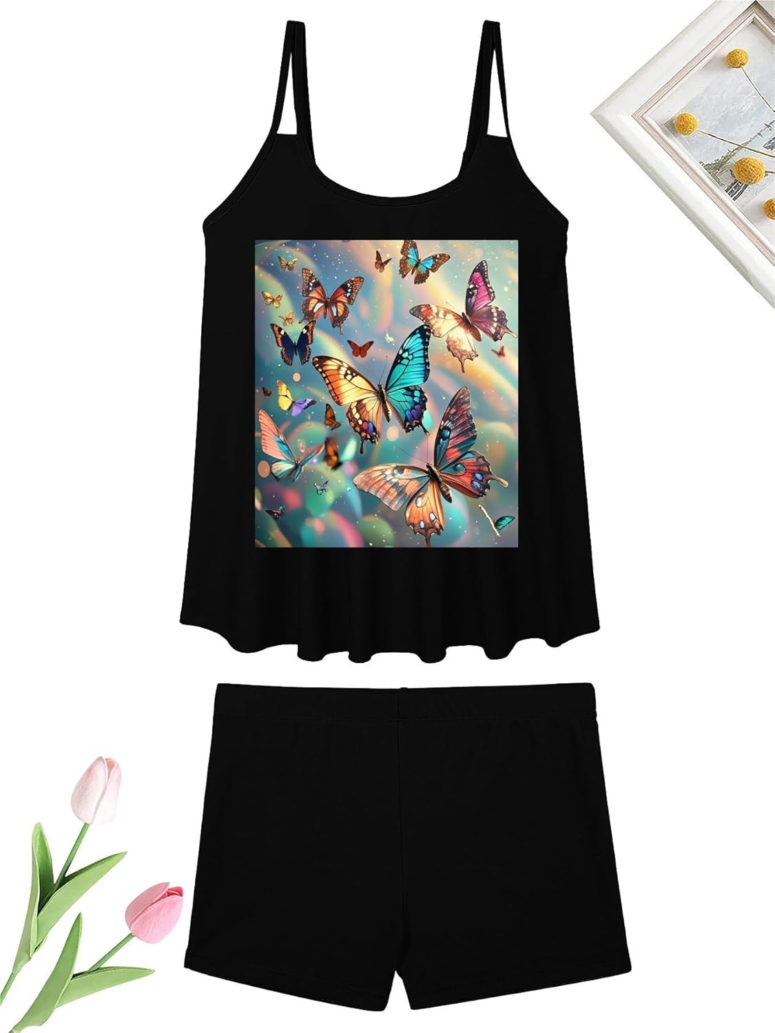 Color Butterfly Background Tankini Swimsuits for Women Tummy Control Two Piece Bathing Suits Swim Tops with Boy Shorts