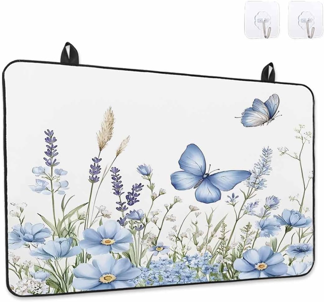 Stove Cover for Electric Stove 24x21 Inch Blue Daisy Plant Stove Top Cover Flowers Butterfly Leaf Glass Cooktop Covers Anti-Slip & Heat Resistant Countertop Protector Home Kitchen Decor