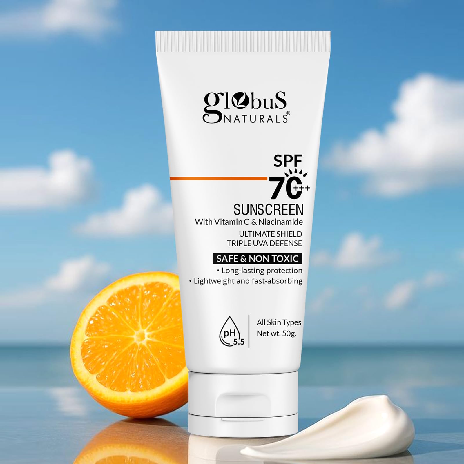 Globus Naturals Vitamin C & Niacinamide Glow Sunscreen SPF 70 Pa+++, Lightweight, Fast Absorbing, UVA & UVB Filters, Prevents Tanning, Non-Greasy 50 gm