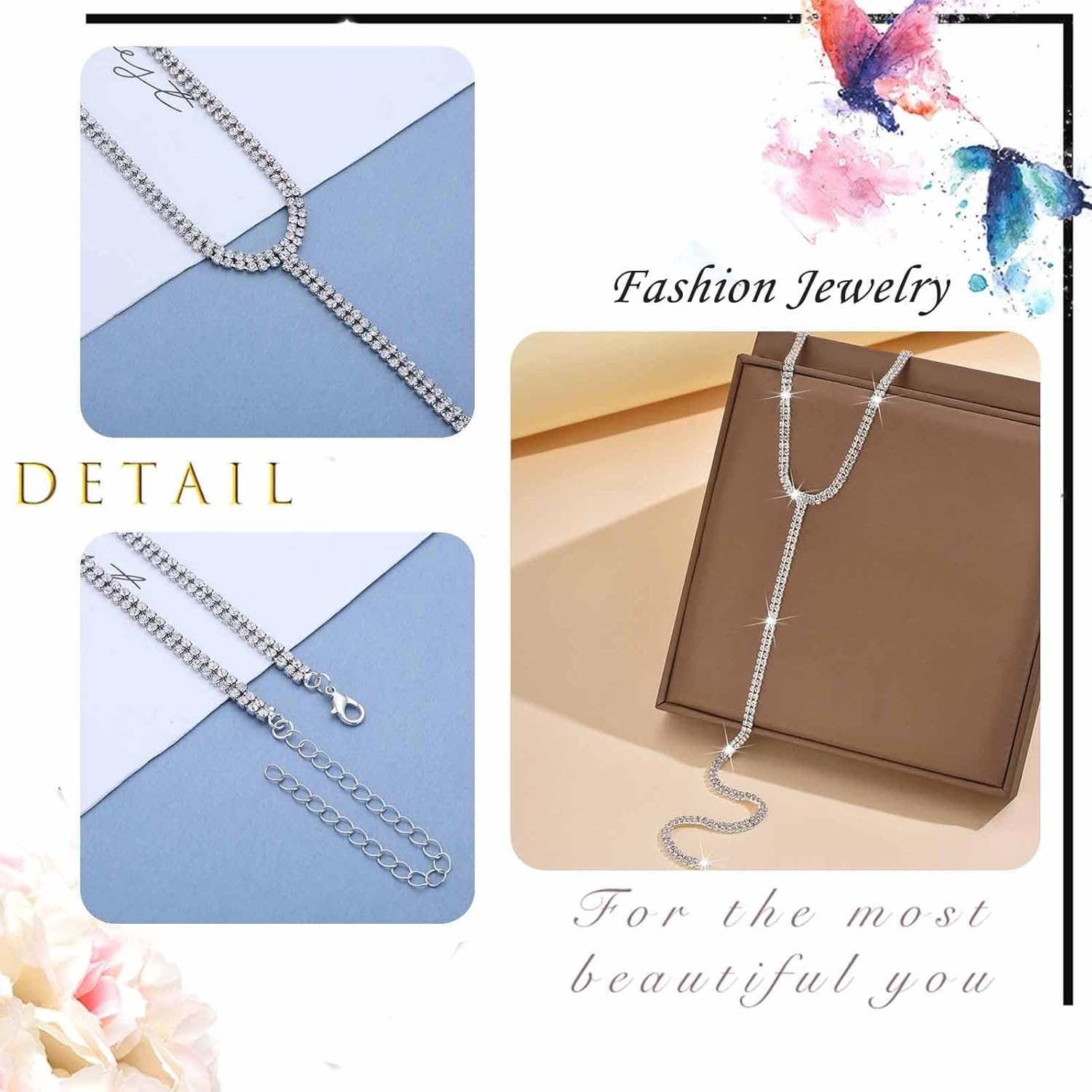 Cubic Zirconia Tennis Necklace Crystal Tennis Chain Lariat Necklace Long 2 Row Rhinestone Chain Tassel Y-Pendant Necklace Layered Tennis Choker Necklace Party Prom Jewelry for Women - Image 5