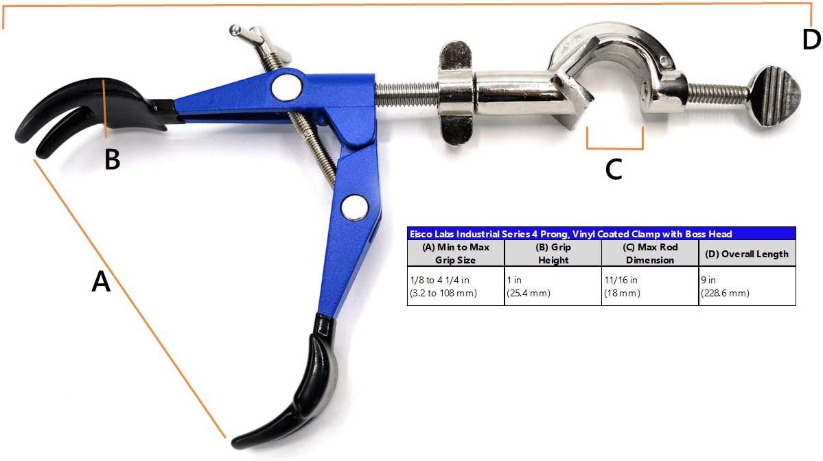 Eisco 4-Prong Vinyl Coated Swivel Bosshead Clamp - 4.1" Max Opening, Fits Up to 18mm Rods - Powder Coated Zinc Alloy - Research, Industrial Laboratory Grade