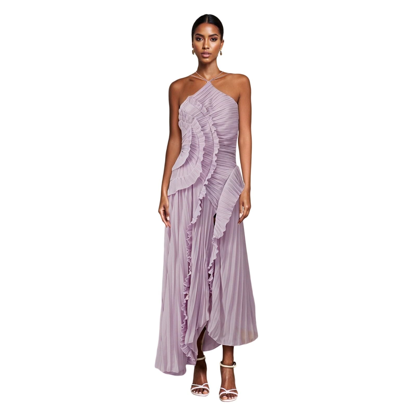 Vestido largo plisado con volantes para mujer, sin mangas, cuello halter, irregular, plisado, de gasa, para invitados de boda