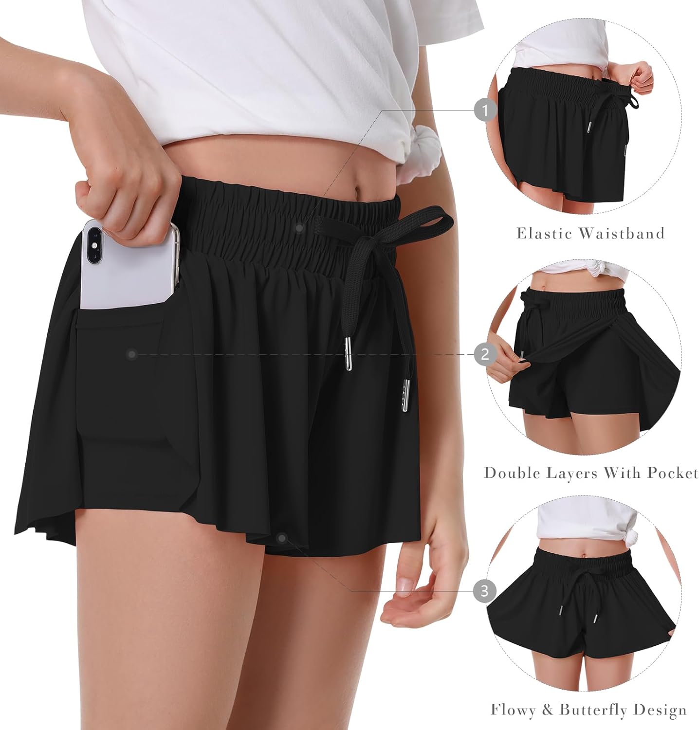 Girls Flowy Shorts Butterfly Shorts for Kids with Pocket 2-in-1 Athletic Shorts Running Shorts for Girls - Image 3