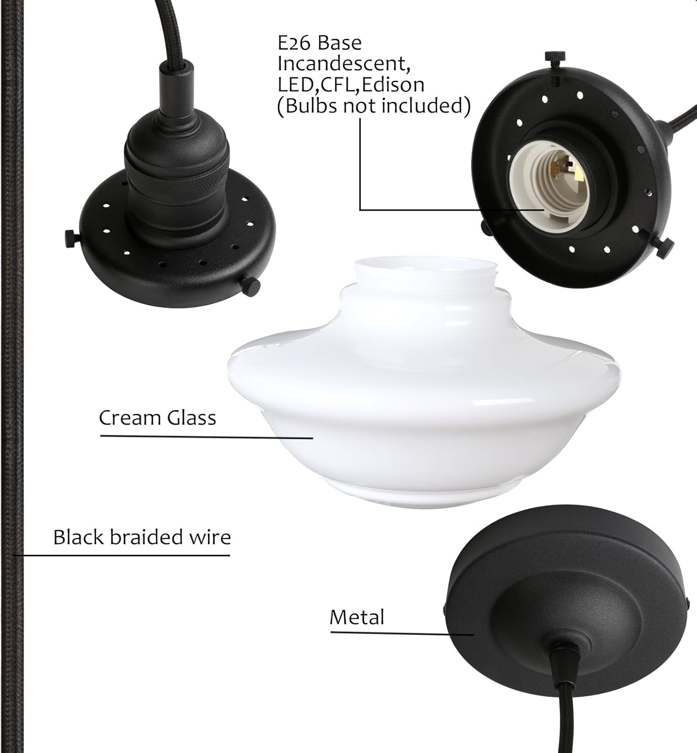 Pathson Modern Pendant Light with Milk White Glass, Vintage Ceiling Pendant Lighting Adjustable Textile Cord, Frosted Ceiling Fixture Lamp for Living Room Bedroom Kitchen Dining Room