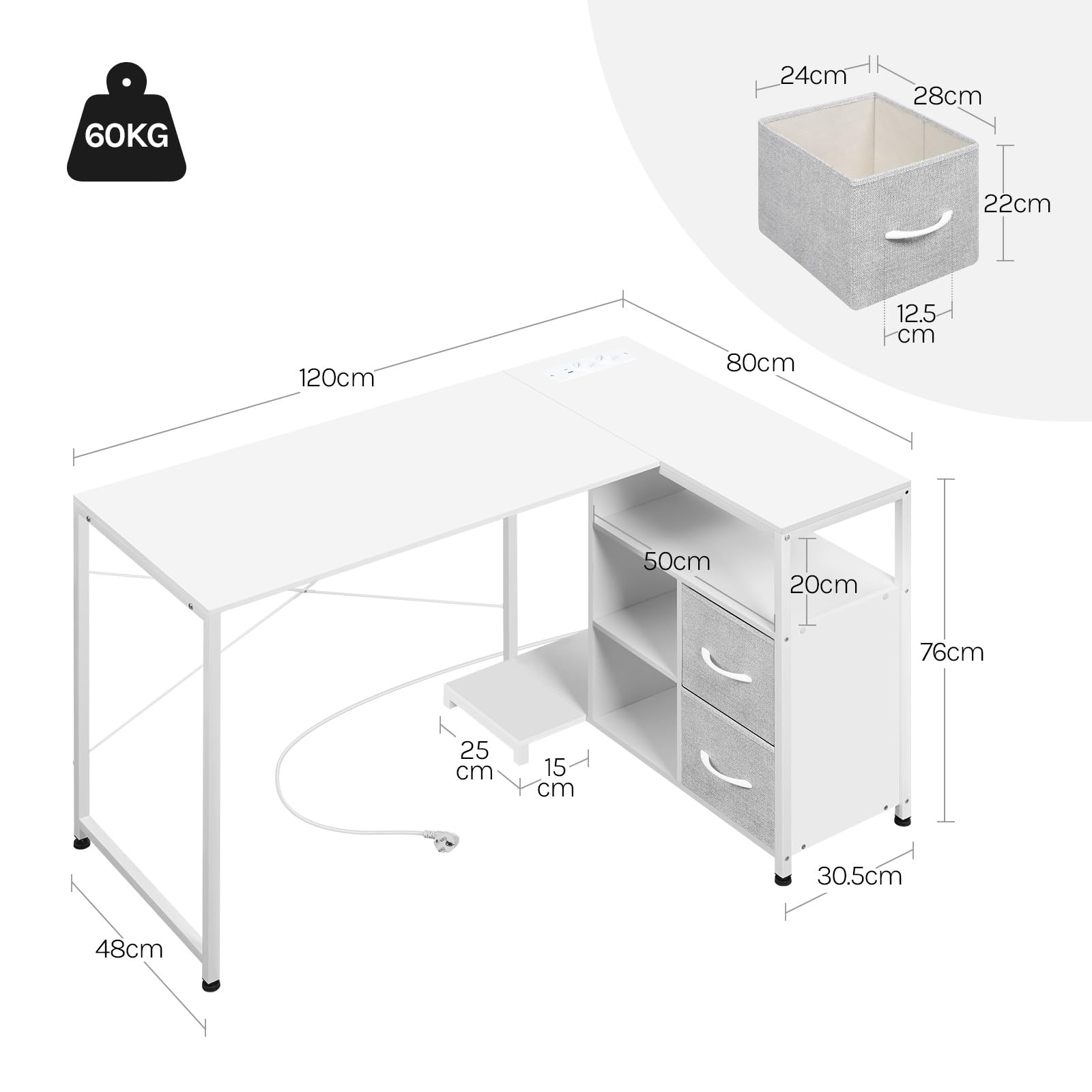 WOLTU Hoekbureau, wit, L-vorm, 120 x 80 cm, bureautafel met stopcontacten, USB-A type C, computertafel met plank, omkeerbaar, rekenvak, metalen frame, TS191ws