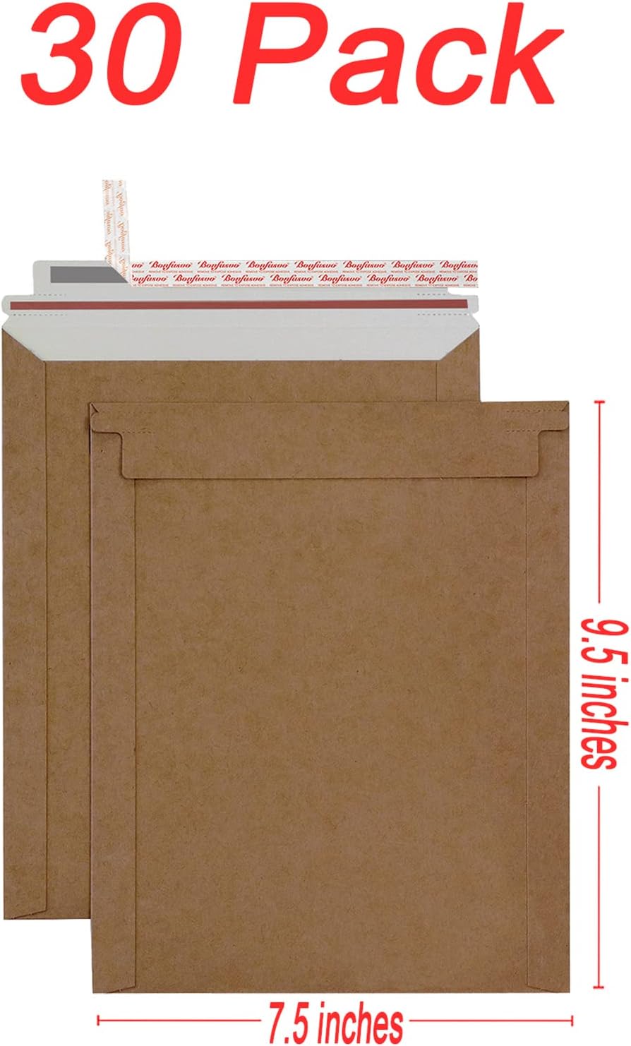 Rigid Mailers 30 Pack 7.5 x 9.5 inches Brown Self Seal Stay Flat Bulk Cardboard Kraft No Bend Mailers Peel and Seal for Document Photos Pictures Papers Files CD