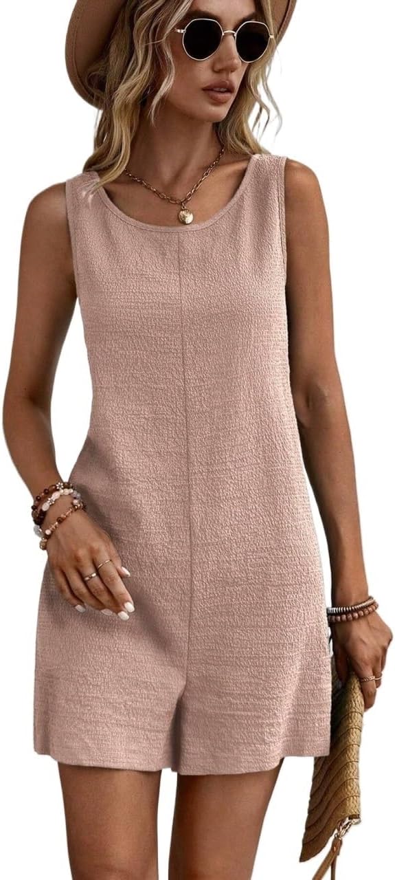 Rompers for Women Summer 2026 Summer Solid Color Crew Neck Sleeveless Jumpsuit Romper