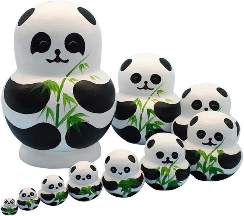 10pcs/set cute bear panda animal theme toy stackable wooden handmade nesting dolls russian dolls matryoshka panda stuff for kids toy panda party supplies christmas gift