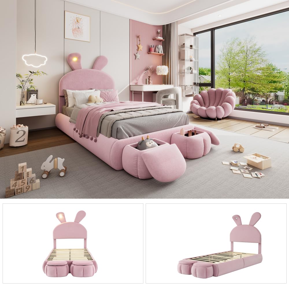 Cama infantil 90 x 200 cm, orejas de conejo brillantes, tiras luminosas cálidas, 2 taburetes de almacenamiento, listones de madera, terciopelo rosa
