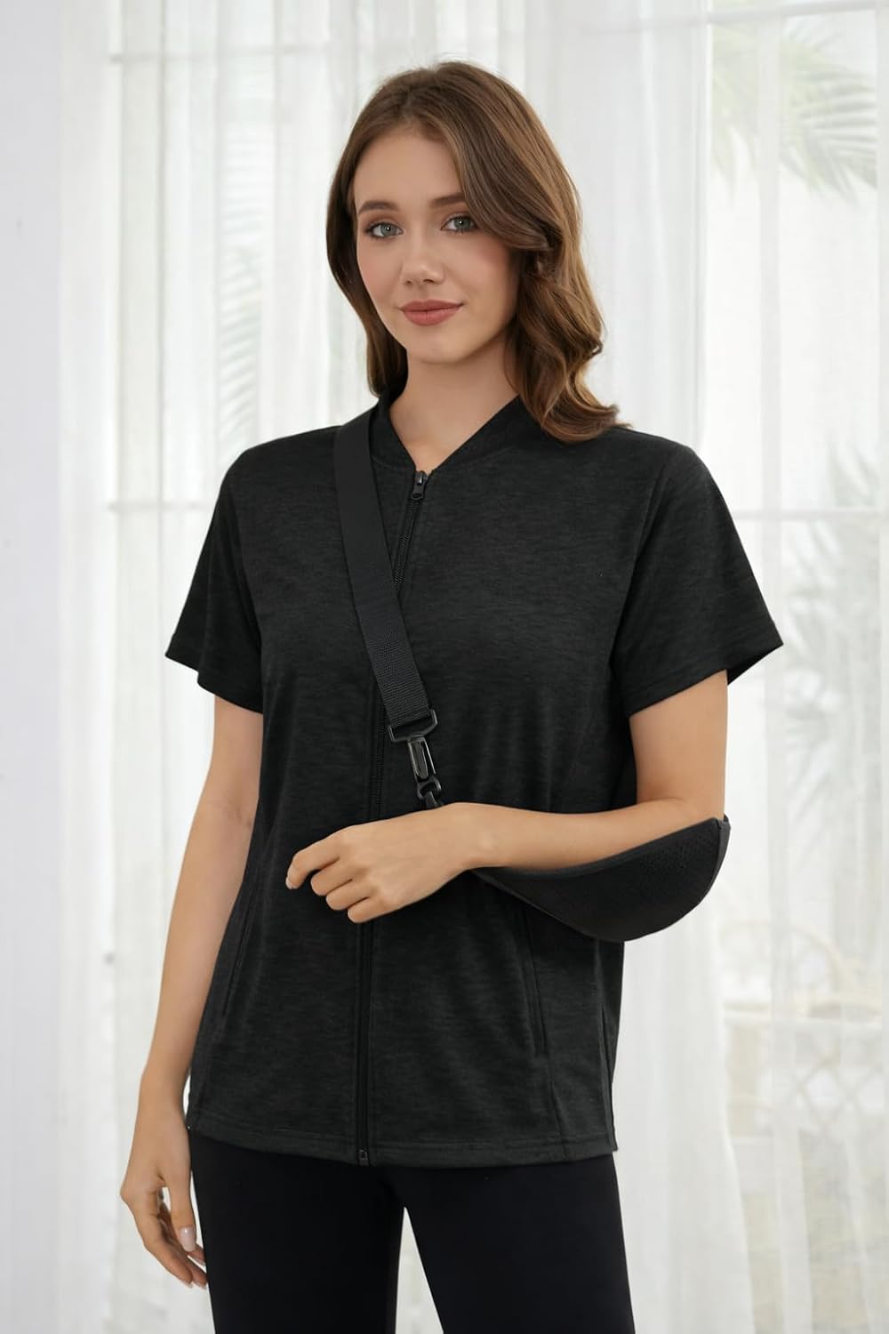 Women's Mastectomy Shirts Post Shoulder Surgery Tops with Drain Pockets Chemo Port Short Sleeve with Zippers