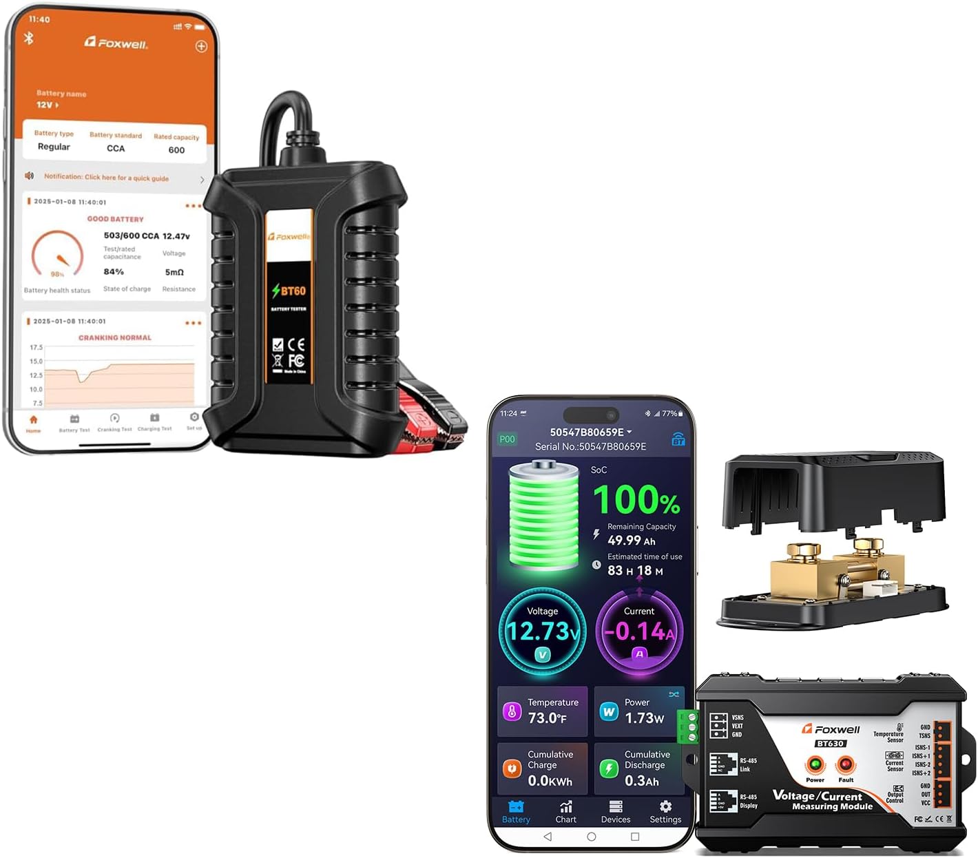 Foxwell BT630 Bluetooth Battery Monitor with Shunt & FOXWELL BT60 Car Battery Tester, 6V 12V Bluetooth Battery Load Tester