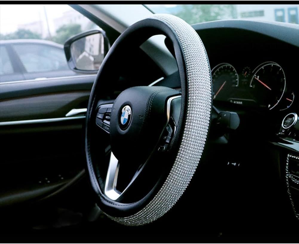 8cm Universal Leather Car Steering Wheel Cover Auto 15 Inch Black + White Rhinestone
