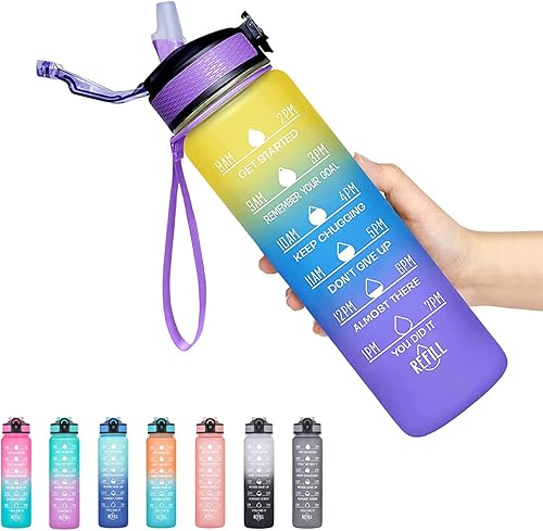 Miniatura 1 de Botellas de agua motivacionales de 32 onzas con tiempos para beber y pajita, botella a prueba de fugas sin BPA con marcador de tiempo para